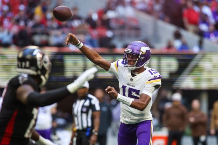 Vikings quarterback Joshua Dobbs passes for two touchdowns and ran for another to rally Minnesota past the Falcons in Week 9.